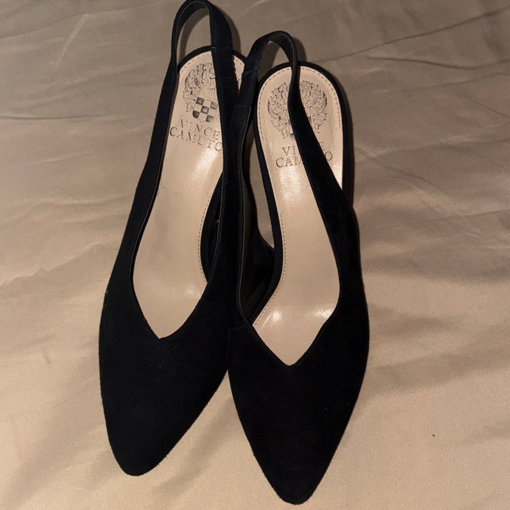 Vince Camuto Tashinta Black Suede Block Heel, Pointed Toe